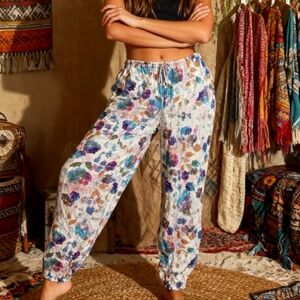 Anthropologie Floral Print White Lounge Pants with Blue & Purple Accents